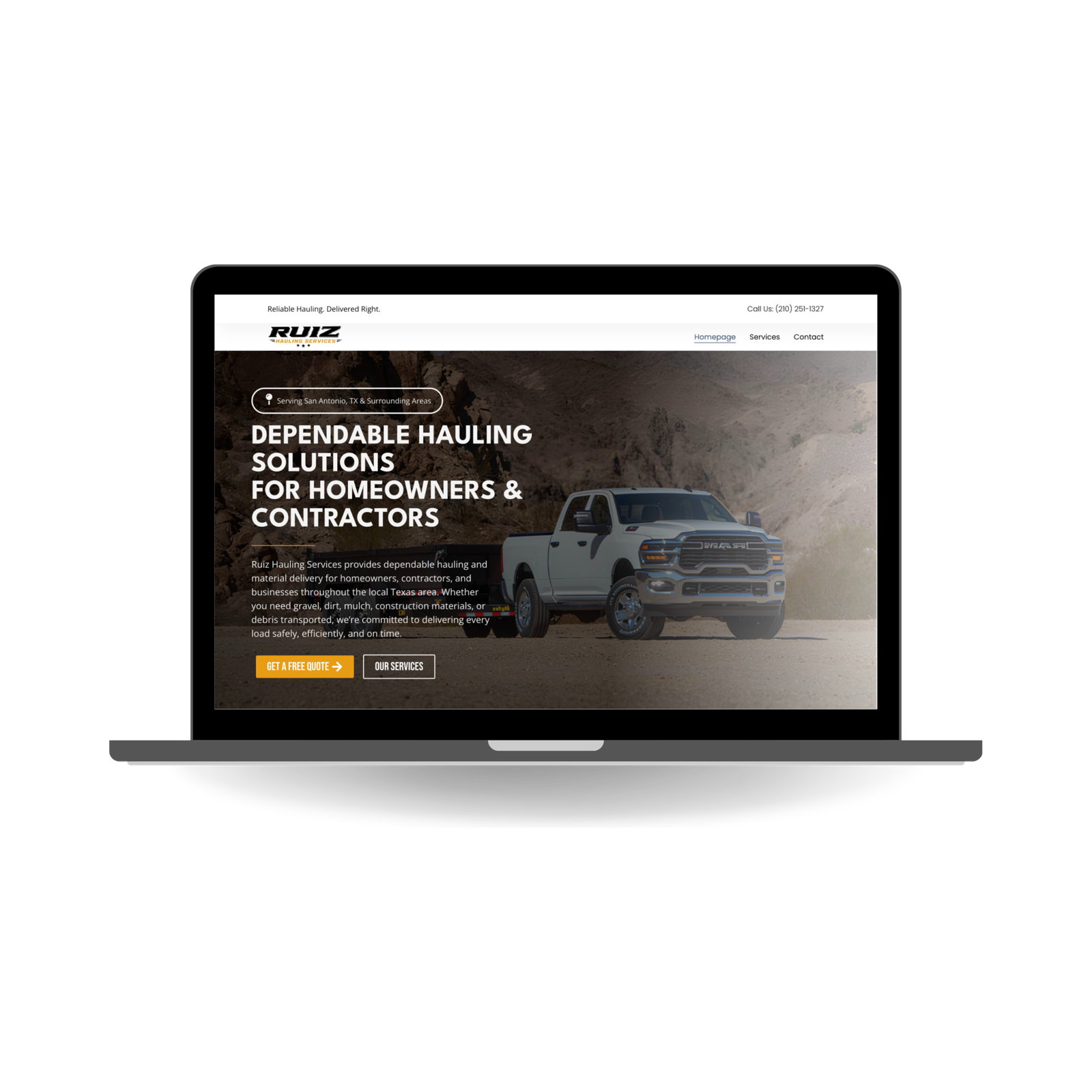 Ruiz Hauling website design for a local hauling and junk removal business