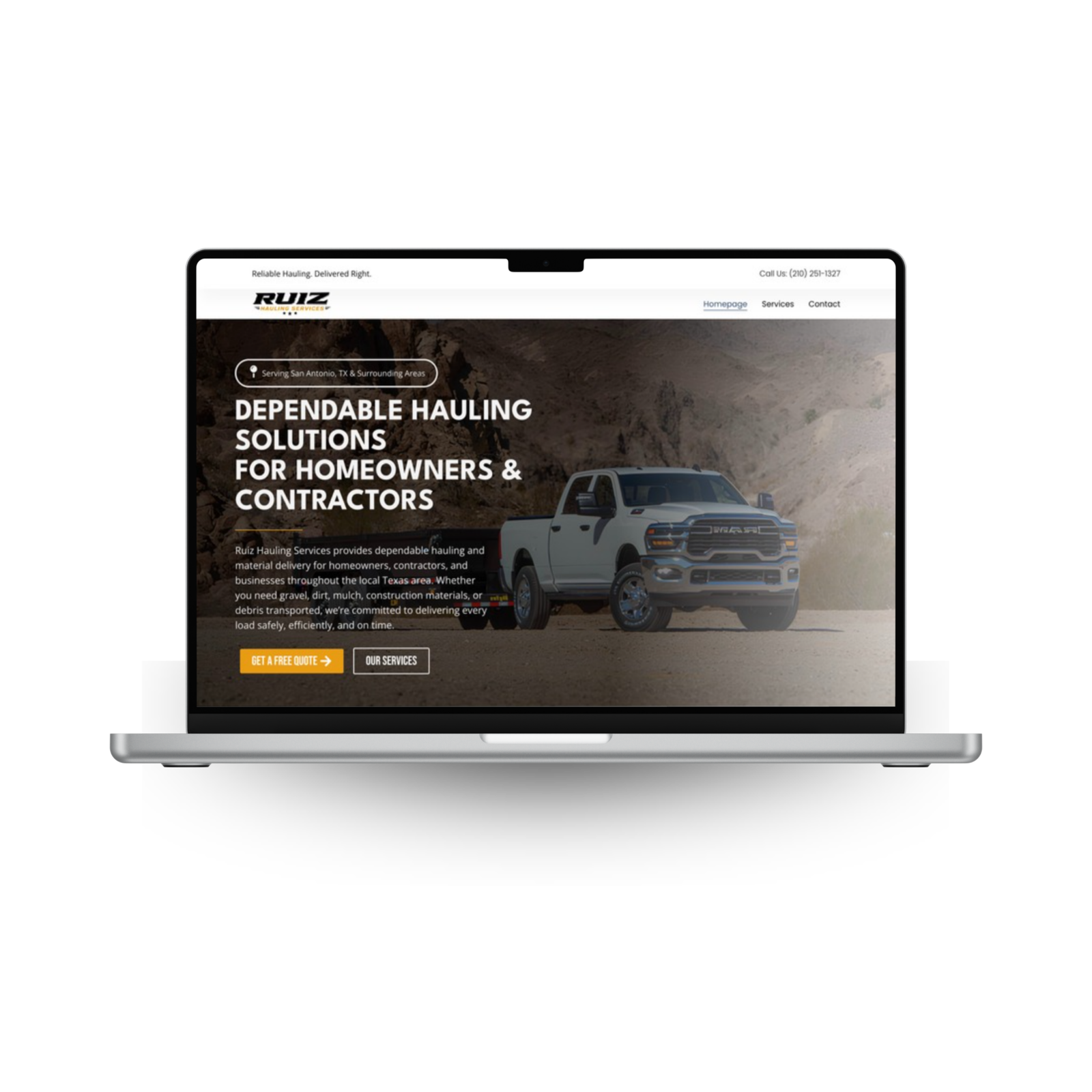 Ruiz Hauling website design for a local hauling and junk removal business